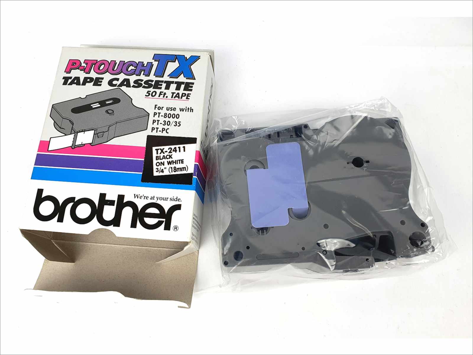 50' feet 18mm Brother P-Touch TX-2411 Tape Cassette Black on White 3/4” 