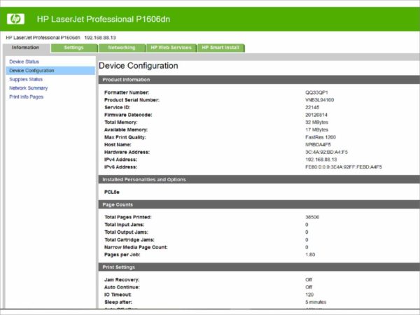 HP LaserJet Pro P1606dn Workgroup Network Duplex Laser Printer Page Count 38500 26ppm 1200dpi PN CE749A BOISB-0902-00