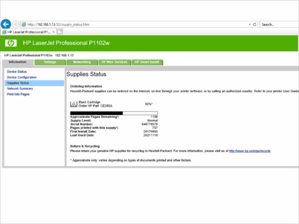 HP LaserJet Pro P1102w Wireless Network Workgroup B&W Laser Printer Page Count 9534 18ppm 1200dpi PN CE657A BOISB-0901-01