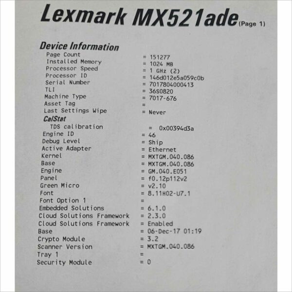 Lexmark MX521ADE Color Laser Multifunction Printer 46PPM - PGC 151K