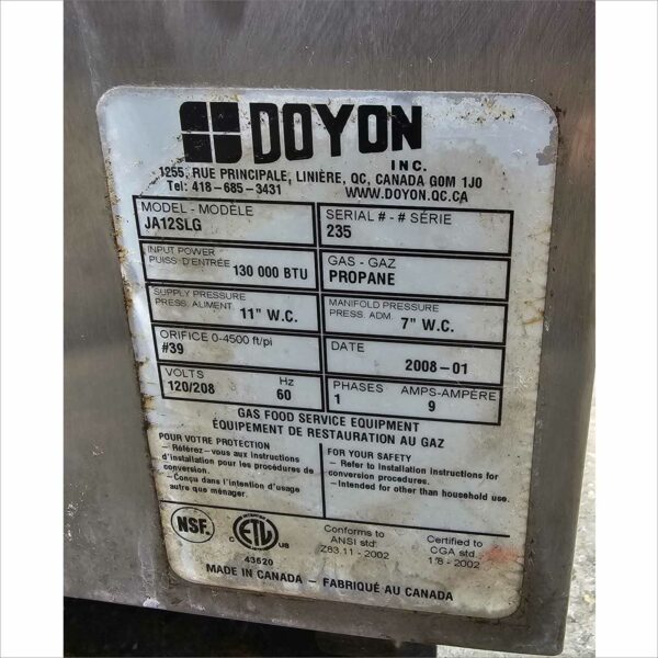 Doyon JA12SLG Double Stack Propane Gas Convection Oven 120/208Volt 1Phase 9amp