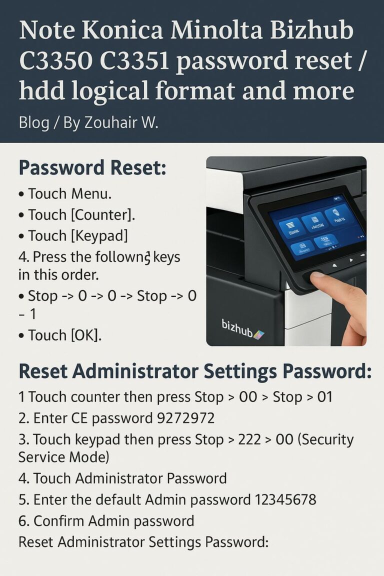 Note Konica Minolta Bizhub C3350 C3351 password reset / hdd logical format and more