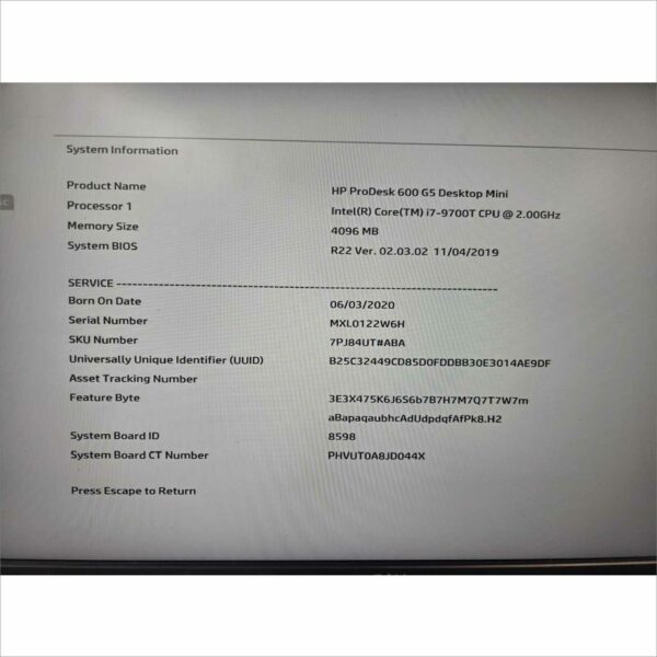 HP Prodesk 600 / 800 G5 Desktop Mini intel i7-9700T @ 2.00GHz 4GB RAM 256GB SSD NVMe