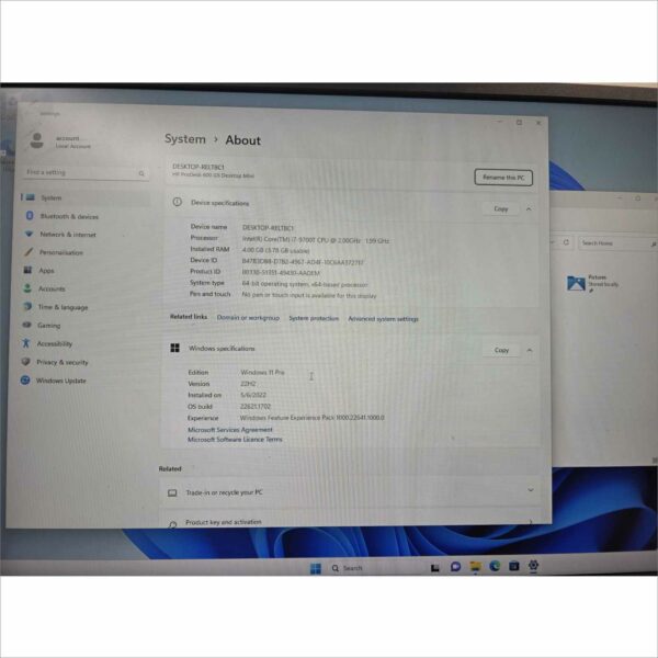 HP Prodesk 600 / 800 G5 Desktop Mini intel i7-9700T @ 2.00GHz 4GB RAM 256GB SSD NVMe