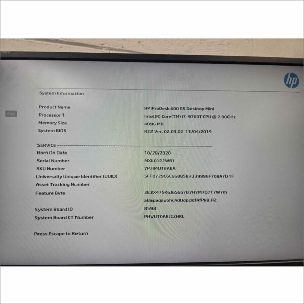 HP Prodesk 600 / 800 G5 Desktop Mini intel i7-9700T @ 2.00GHz 4GB RAM 256GB SSD NVMe