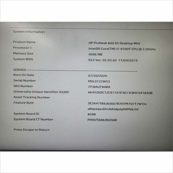 HP Prodesk 600 / 800 G5 Desktop Mini intel i7-9700T @ 2.00GHz 4GB RAM 256GB SSD NVMe