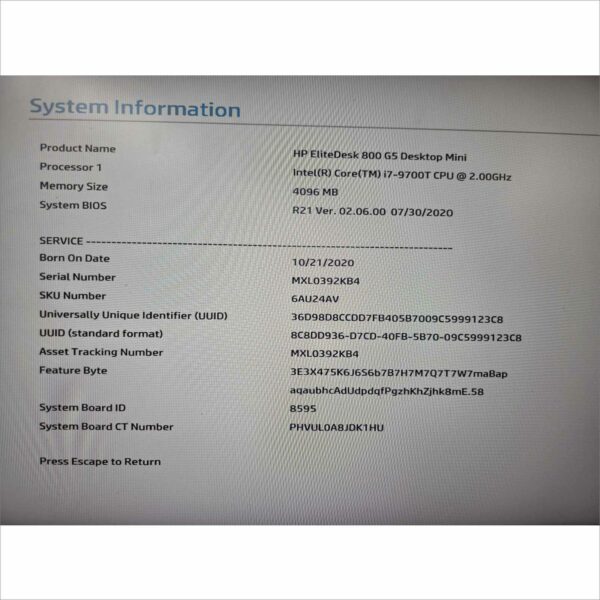 HP Prodesk 600 / 800 G5 Desktop Mini intel i7-9700T @ 2.00GHz 4GB RAM 256GB SSD NVMe