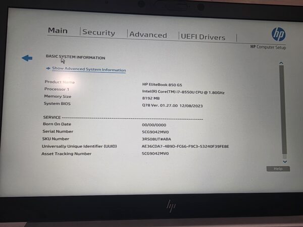 HP EliteBook 850 G5 laptop i7-8550U 8GB RAM 128GB M.2 SSD Win 11 5CG9042MV0