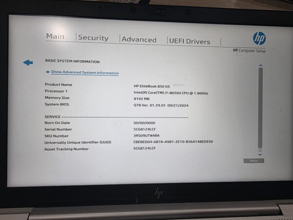 HP EliteBook 850 G5 laptop i7-8650U 8GB RAM 128GB M.2 SSD Win 11 5CG8124LCF