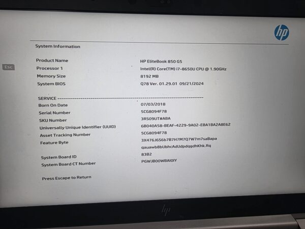 HP EliteBook 850 G5 laptop i7-8650U 8GB RAM 128GB M.2 SSD Win 11 5CG8094F78