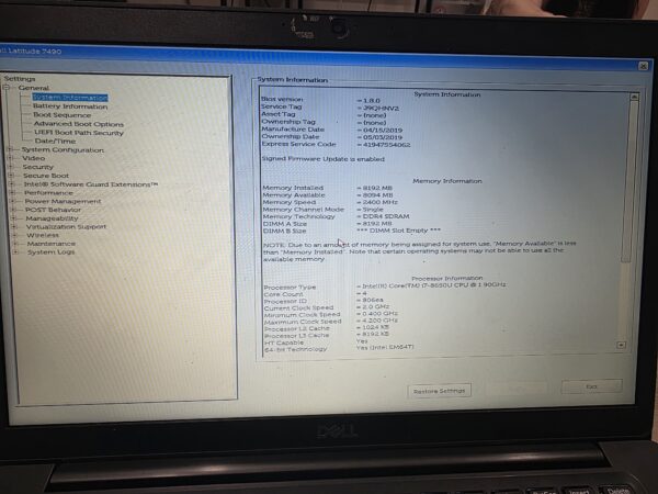 DELL Latitude 7490 laptop i7-8650U 8GB RAM 128GB M.2 SSD Win 11 J9QHNV2