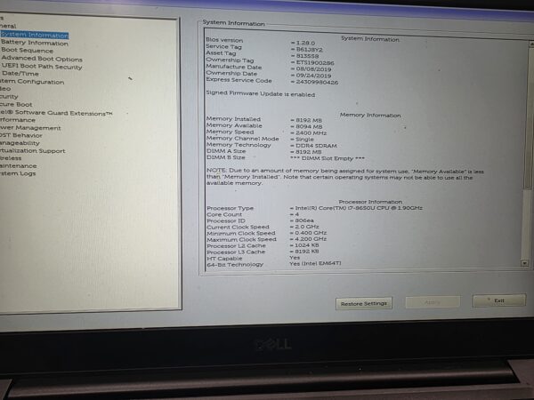 DELL Latitude 7400 laptop i7-8665U 8GB RAM 128GB M.2 SSD Win 11 5W0PL33