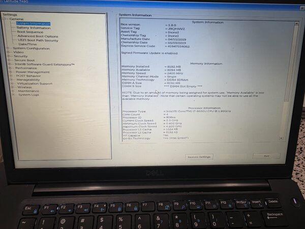 DELL Latitude 7490 laptop i7-8650U 8GB RAM 128GB M.2 SSD Win 11 J9QHNV2