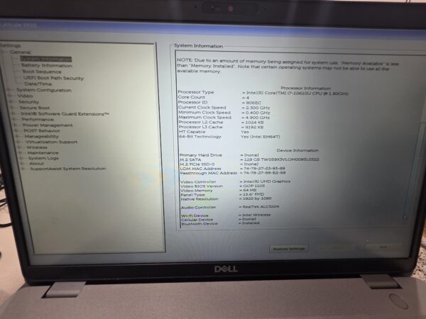 DELL Latitude 5510 laptop i7-10610U 8GB RAM 128GB M.2 SSD Win 11 7M4VR73