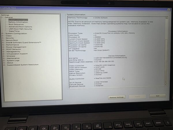 DELL Latitude 7410 laptop i5-10310U 16GB RAM 128GB M.2 SSD Win 11 DR3F163