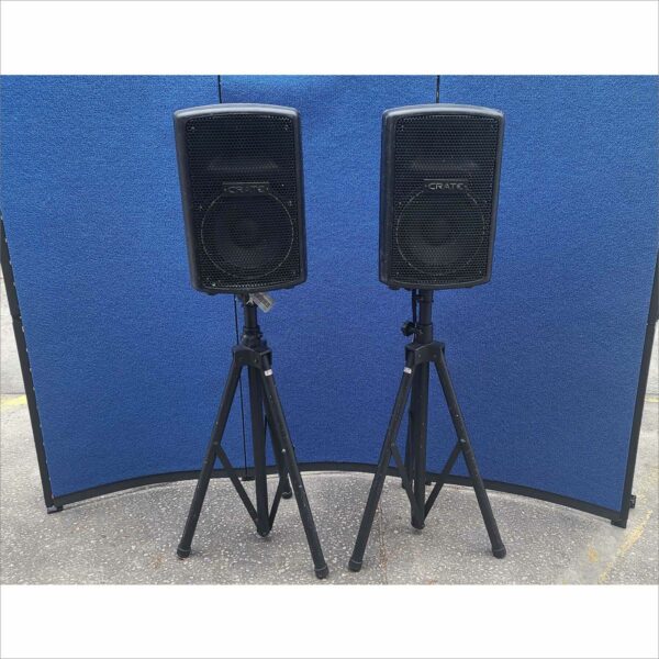 Lot of 2x Crate Audio PSM10P 200W Passive PA Speakers + 2x CGM 84" Black Tripod Stands – Used