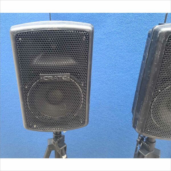 Lot of 2x Crate Audio PSM10P 200W Passive PA Speakers + 2x CGM 84" Black Tripod Stands – Used