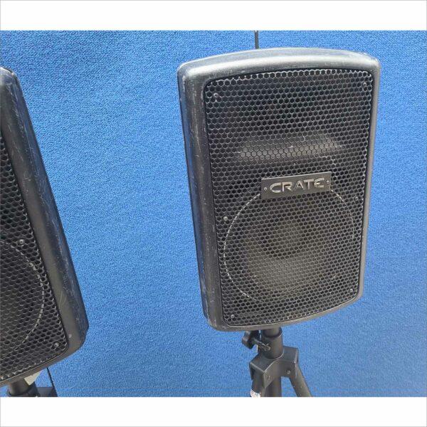 Lot of 2x Crate Audio PSM10P 200W Passive PA Speakers + 2x CGM 84" Black Tripod Stands – Used