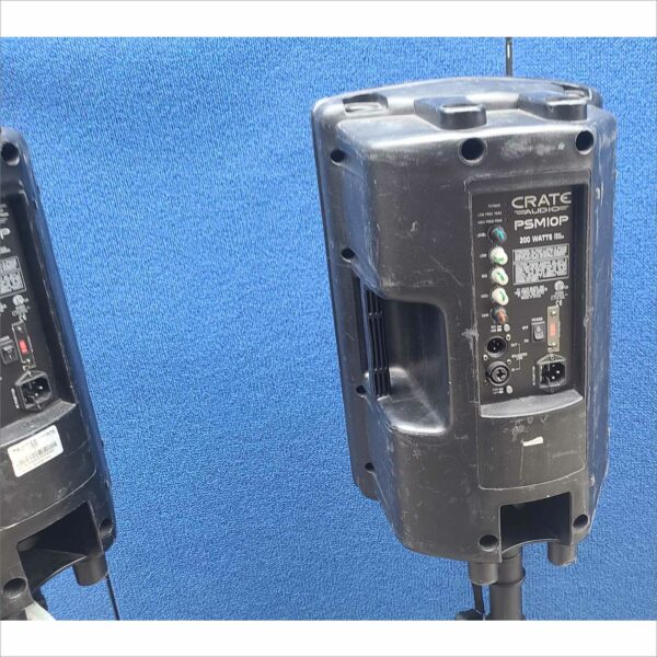 Lot of 2x Crate Audio PSM10P 200W Passive PA Speakers + 2x CGM 84" Black Tripod Stands – Used