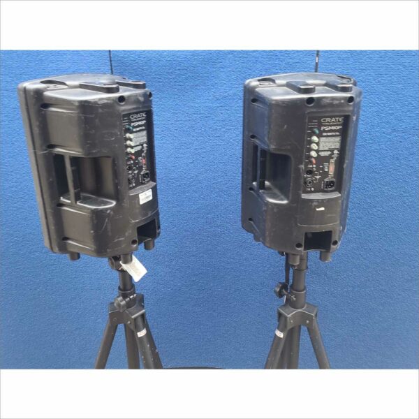 Lot of 2x Crate Audio PSM10P 200W Passive PA Speakers + 2x CGM 84" Black Tripod Stands – Used