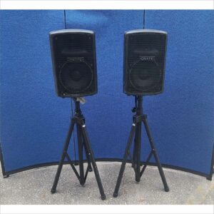 Lot of 2x Crate Audio PSM10P 200W Passive PA Speakers + 2x CGM 84" Black Tripod Stands – Used