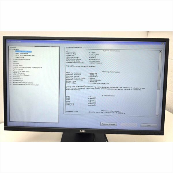 Dell Vostro 5880 Tower intel Core i7-10700 @ 2.90GHz 8GB 128GB M.2