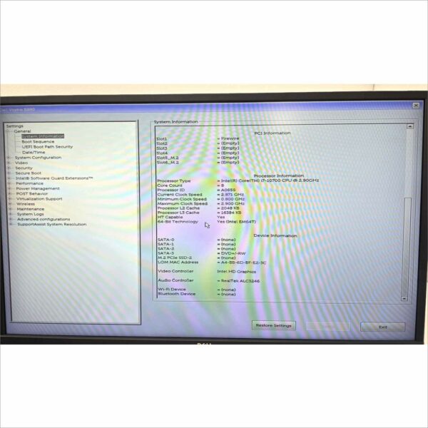Dell Vostro 5880 Tower intel Core i7-10700 @ 2.90GHz 8GB 128GB M.2