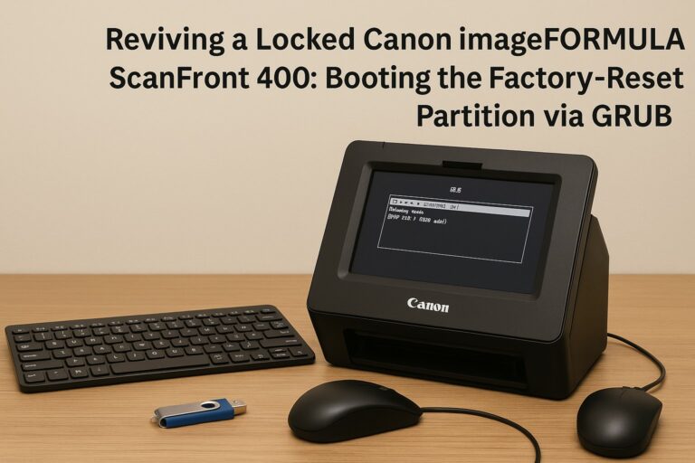 Reviving a Locked Canon imageFORMULA ScanFront 400: Booting the Factory-Reset Partition via GRUB