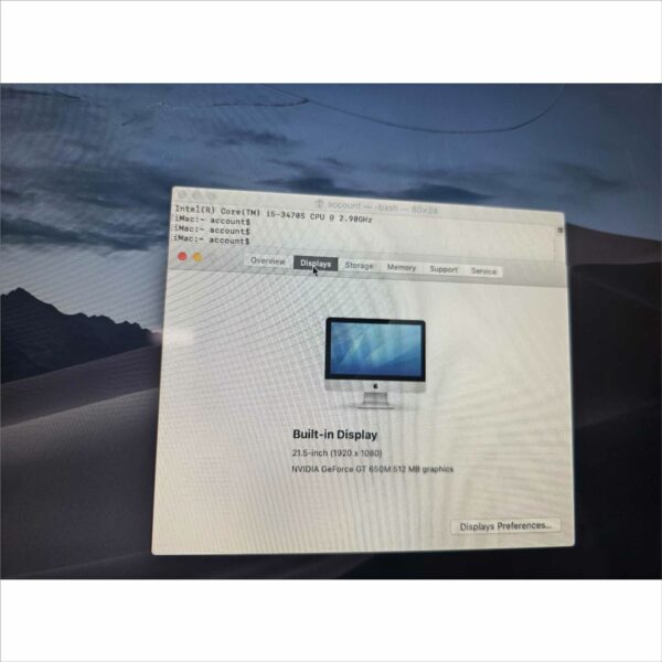 Apple iMac A1418 21.5″ Late 2012 i5-3470S @ 2.9GHz 8GB RAM 1TB HDD GT 650M 512MB macOS Mojave