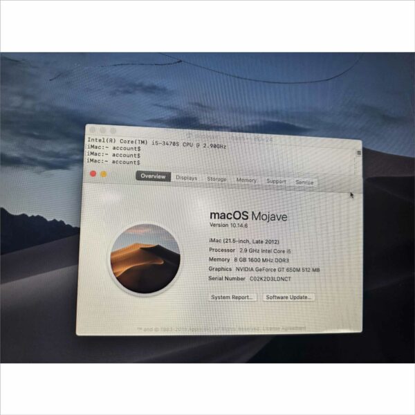Apple iMac A1418 21.5″ Late 2012 i5-3470S @ 2.9GHz 8GB RAM 1TB HDD GT 650M 512MB macOS Mojave