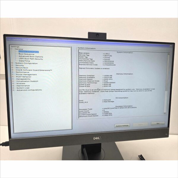 Dell OptiPlex 7760 AIO 27″ Core i7-8700 @ 3.2GHz 16GB RAM 256GB SSD Webcam Windows 11
