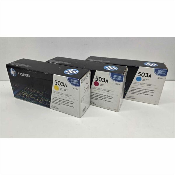 New OEM Lot of 3x HP 503A Color LaserJet Toner Cartridges – Yellow Q7582A / Magenta Q7583A / Cyan Q7581A – For HP Color LaserJet CP3505 / 3800 Series – Sealed OEM Packaging