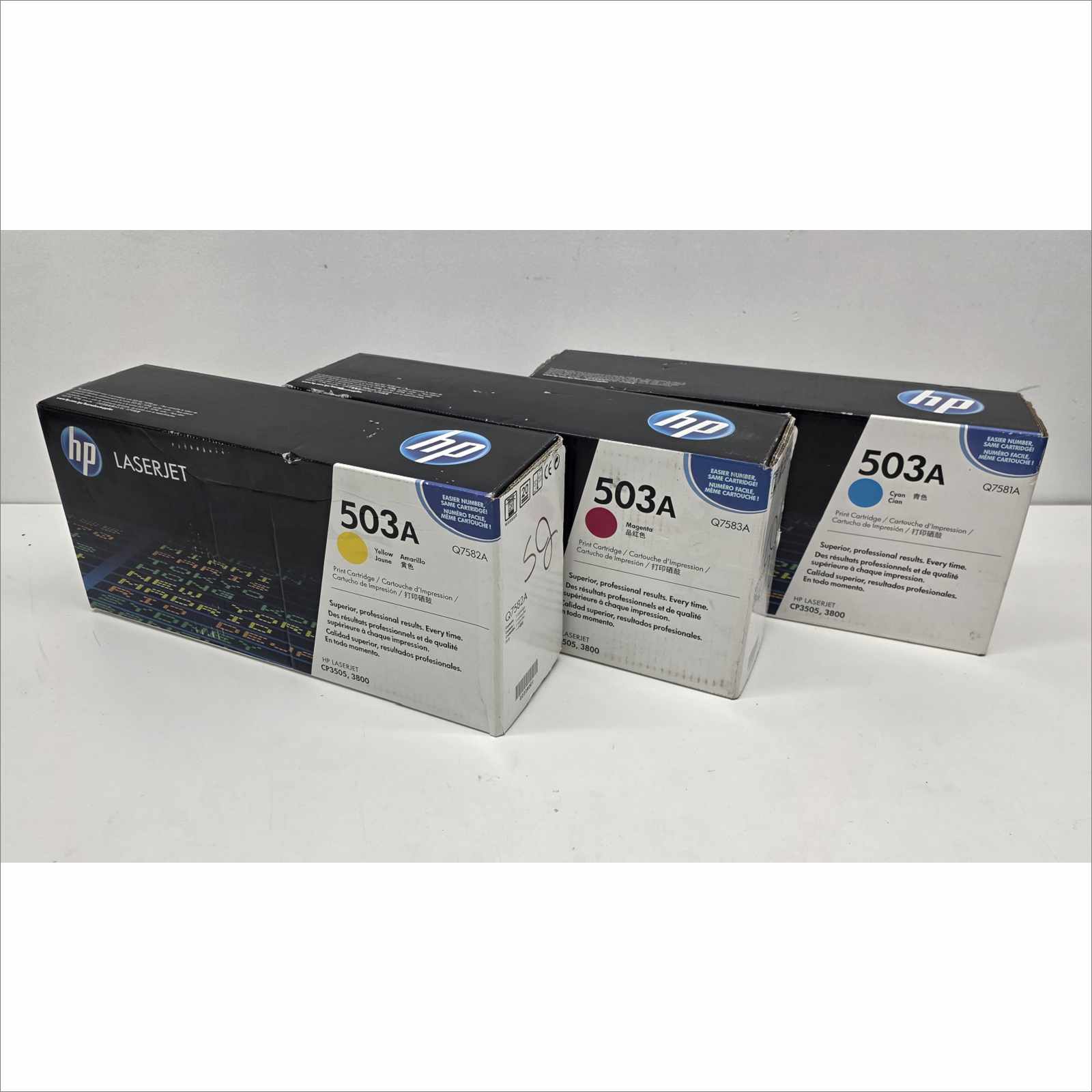 New OEM Lot of 3x HP 503A Color LaserJet Toner Cartridges – Yellow Q7582A / Magenta Q7583A / Cyan Q7581A – For HP Color LaserJet CP3505 / 3800 Series – Sealed OEM Packaging