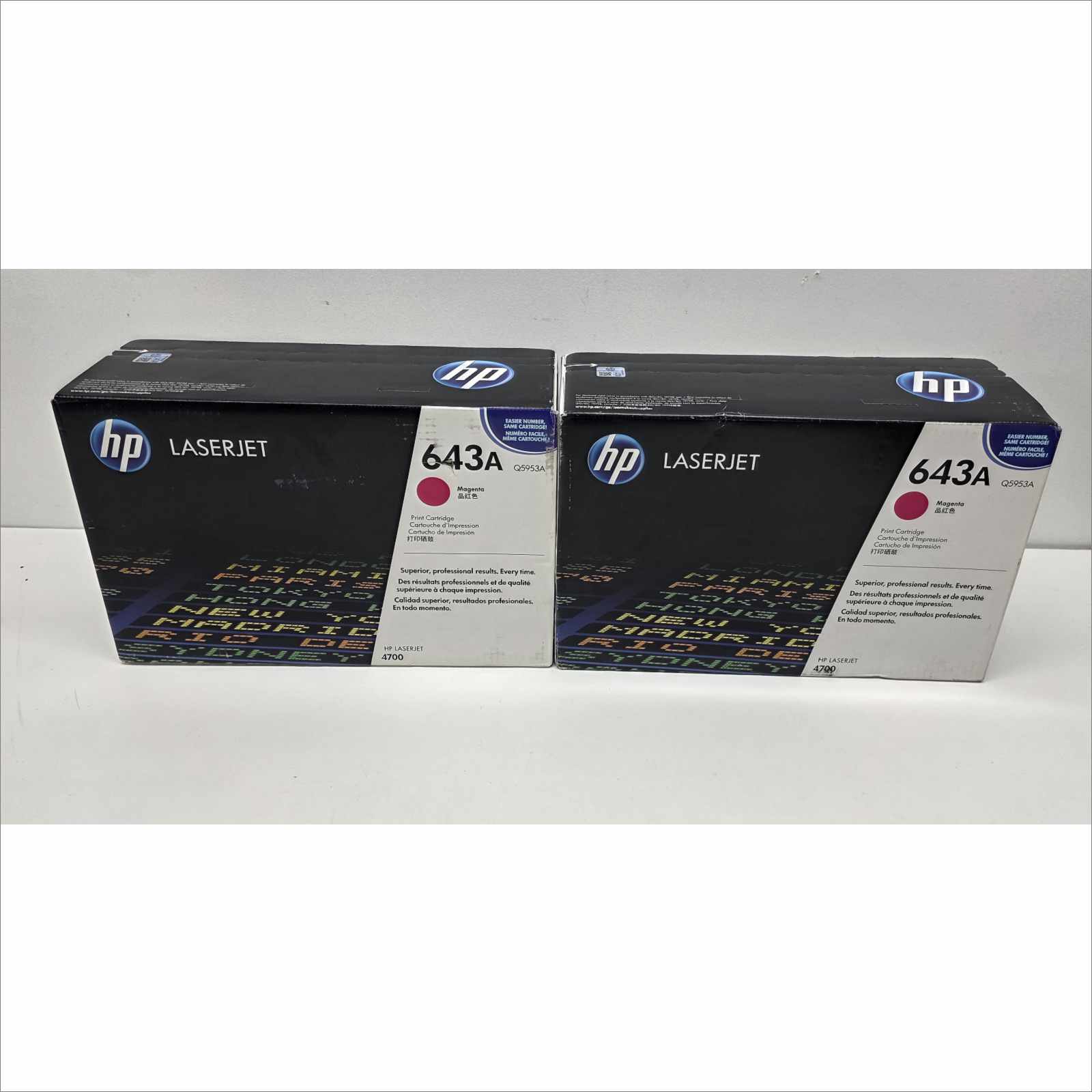 New OEM Lot of 4x HP 643A Color Toners – Yellow Q5952A / 2× Magenta Q5953A / Cyan Q5951A – For HP Color LaserJet 4700 Series – Sealed OEM Packaging