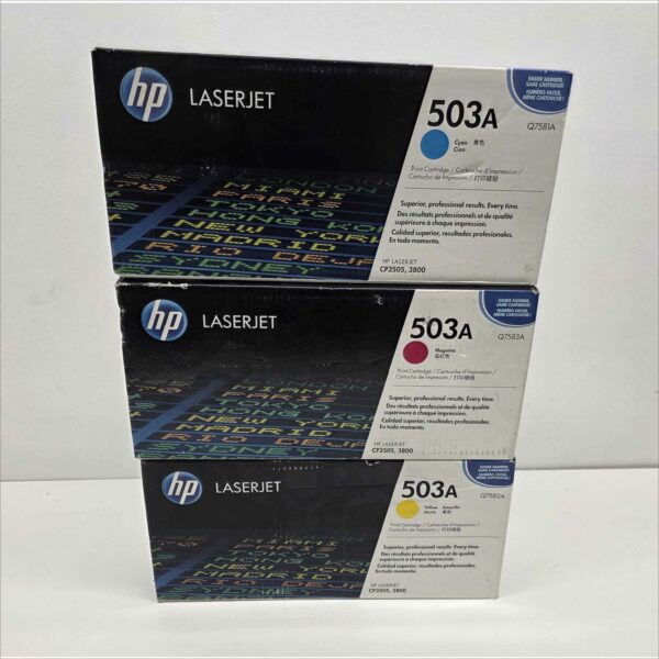 New OEM Lot of 3x HP 503A Color LaserJet Toner Cartridges – Yellow Q7582A / Magenta Q7583A / Cyan Q7581A – For HP Color LaserJet CP3505 / 3800 Series – Sealed OEM Packaging
