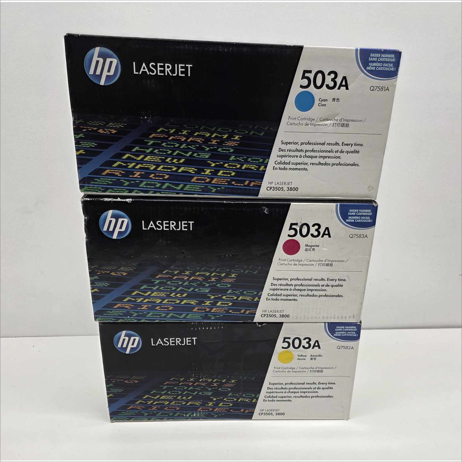 New OEM Lot of 3x HP 503A Color LaserJet Toner Cartridges – Yellow Q7582A / Magenta Q7583A / Cyan Q7581A – For HP Color LaserJet CP3505 / 3800 Series – Sealed OEM Packaging