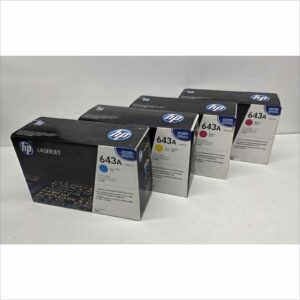 New OEM Lot of 4x HP 643A Color Toners – Yellow Q5952A / 2× Magenta Q5953A / Cyan Q5951A – For HP Color LaserJet 4700 Series – Sealed OEM Packaging