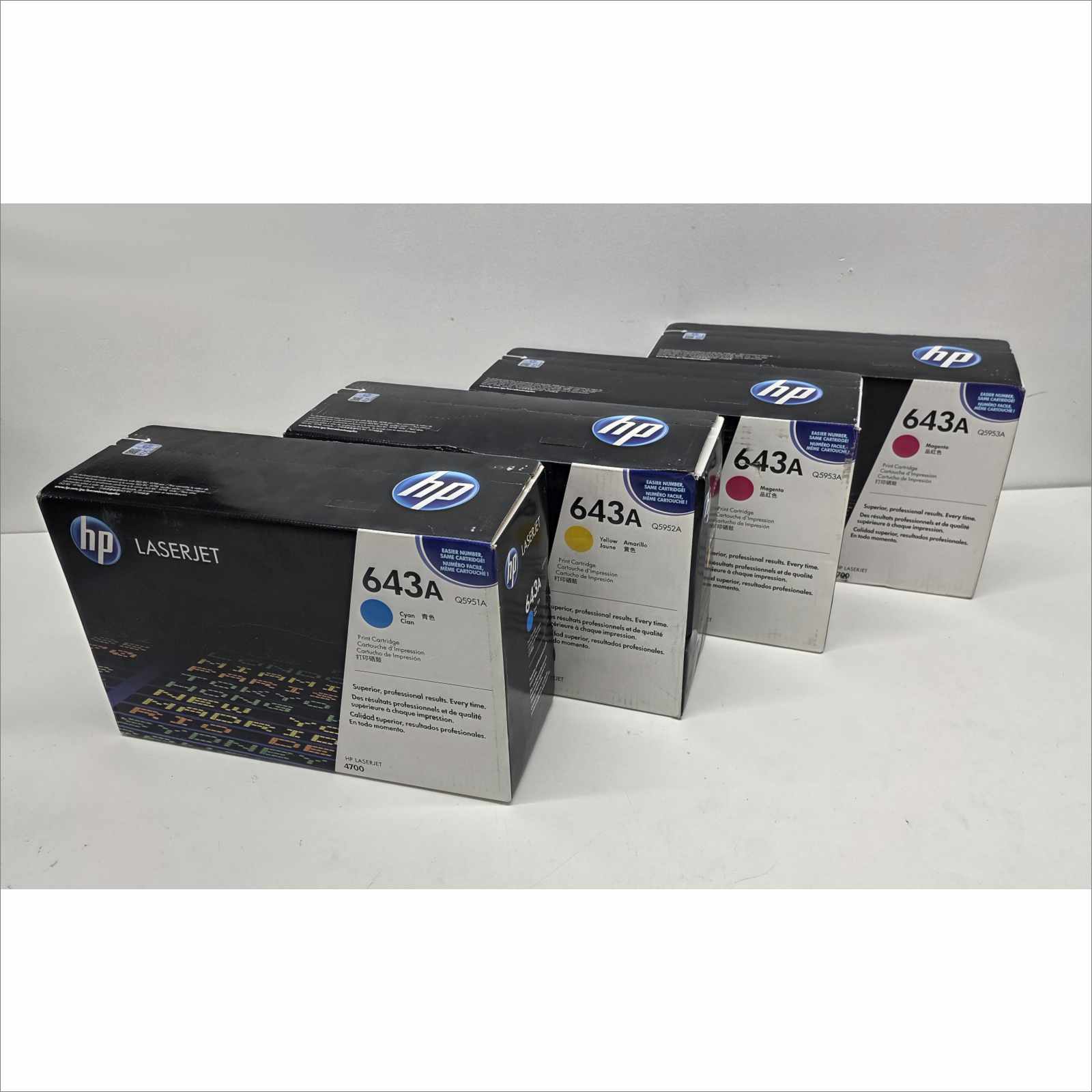 New OEM Lot of 4x HP 643A Color Toners – Yellow Q5952A / 2× Magenta Q5953A / Cyan Q5951A – For HP Color LaserJet 4700 Series – Sealed OEM Packaging
