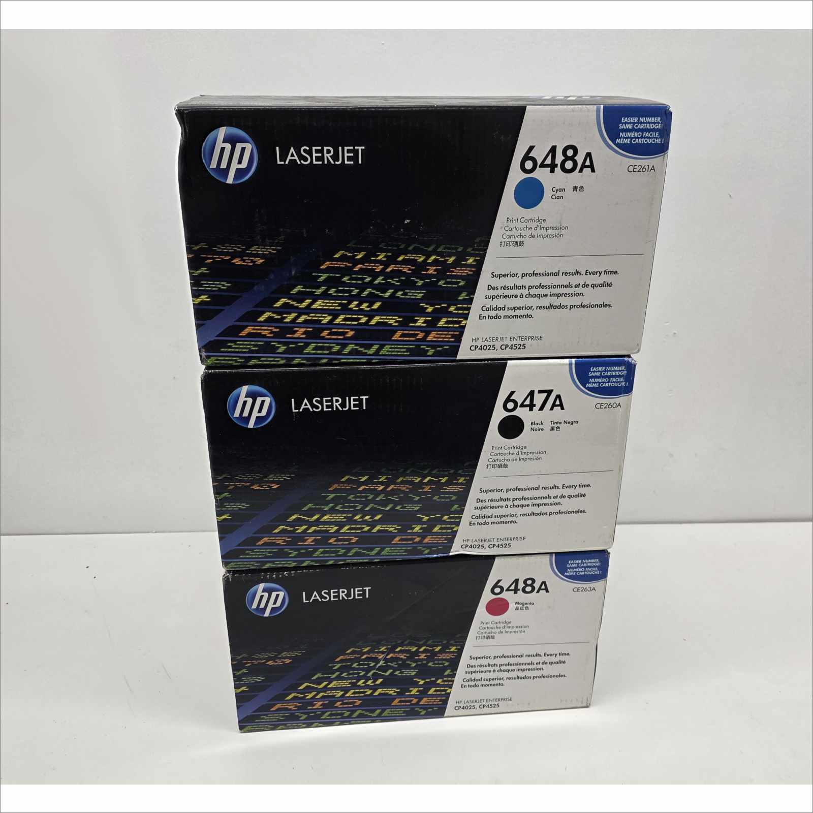 New OEM Lot of 4x HP 647A / 648A Color Toners – Black CE260A / Magenta CE263A / 2× Cyan CE261A – For HP Color LaserJet CP4025 / CP4525 Series – Sealed OEM Packaging