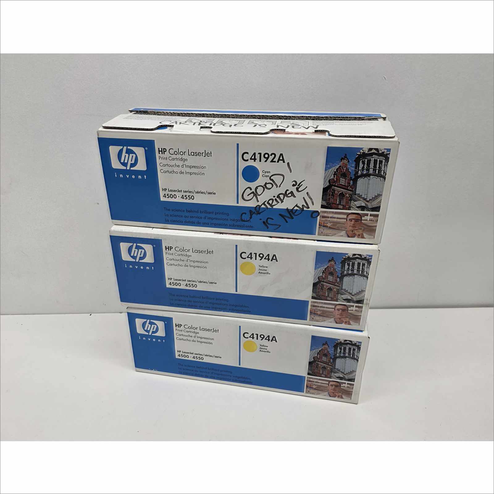 New OEM Lot of 3x HP Color LaserJet Toners – 2× Yellow C4194A / Cyan C4192A – For HP Color LaserJet 4500 / 4550 Series – Sealed OEM Packaging