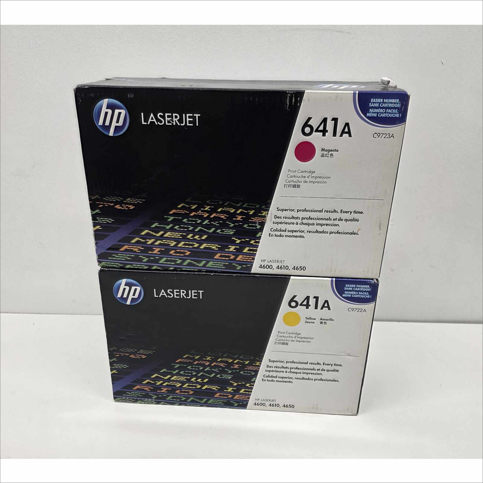 New OEM Lot of 2x HP 641A Color Toners – Yellow C9722A / Magenta C9723A – For HP Color LaserJet 4600 / 4610 / 4650 Series – Sealed OEM Packaging