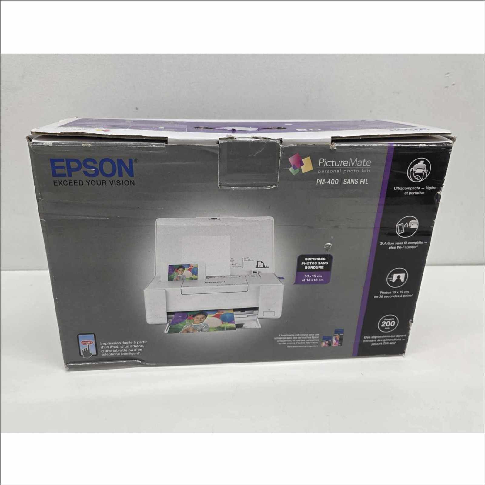 Epson PictureMate PM-400 Personal Photo Lab Inkjet Printer – With 24VDC PSU, USB Cable, OEM Packaging, Manual & Photo Paper