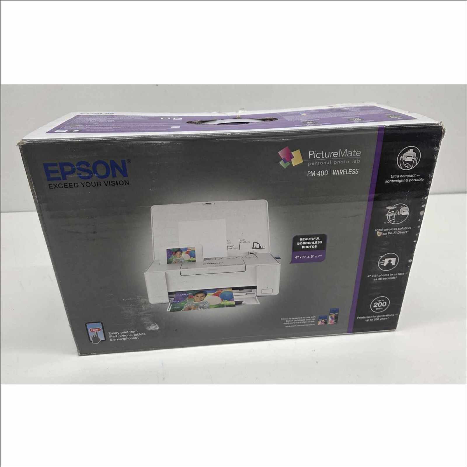 Epson PictureMate PM-400 Personal Photo Lab Inkjet Printer – With 24VDC PSU, USB Cable, OEM Packaging, Manual & Photo Paper