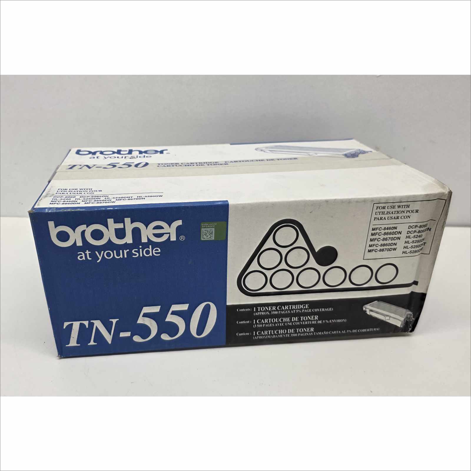 This Brother TN-550 Black Toner Cartridge is new and sealed in its original OEM packaging. The exterior box may show minor shelf wear, scuffing, or small dents from storage — see photos for exact condition. Compatible with the following Brother printers: DCP-8060, DCP-8065DN, HL-5240, HL-5250DN, HL-5250DNT, HL-5280DW, MFC-8460N, MFC-8660DN, MFC-8670DN, MFC-8860DN, and MFC-8870DW. This genuine OEM toner provides crisp black text and consistent print quality across every page. It will be packed in a slightly larger box with protective padding to ensure safe delivery and prevent additional box wear. Includes: 1x New OEM Brother TN-550 Black Toner Cartridge for DCP / HL / MFC Series (see compatible models above) Does Not Include: Anything else not listed or pictured above Shipping Data Unit box dimensions (W × H × D): 14.8″ × 4.6″ × 7.3″ (OEM packaging) Unit weight: 2.1 lbs Shipping dimensions (W × H × D): 20.8″ × 10.6″ × 13.3″ (+3″ per side for protection) Estimated shipping weight: ~2.4 lbs (unit weight × 1.15 packaging allowance) ⚠️ Condition Note: New and factory sealed. Box may show light wear from storage.