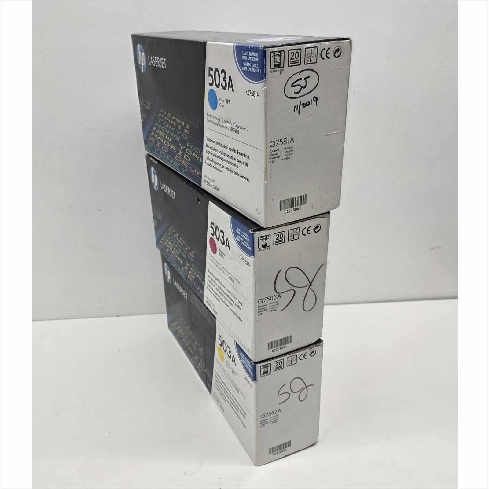 New OEM Lot of 3x HP 503A Color LaserJet Toner Cartridges – Yellow Q7582A / Magenta Q7583A / Cyan Q7581A – For HP Color LaserJet CP3505 / 3800 Series – Sealed OEM Packaging