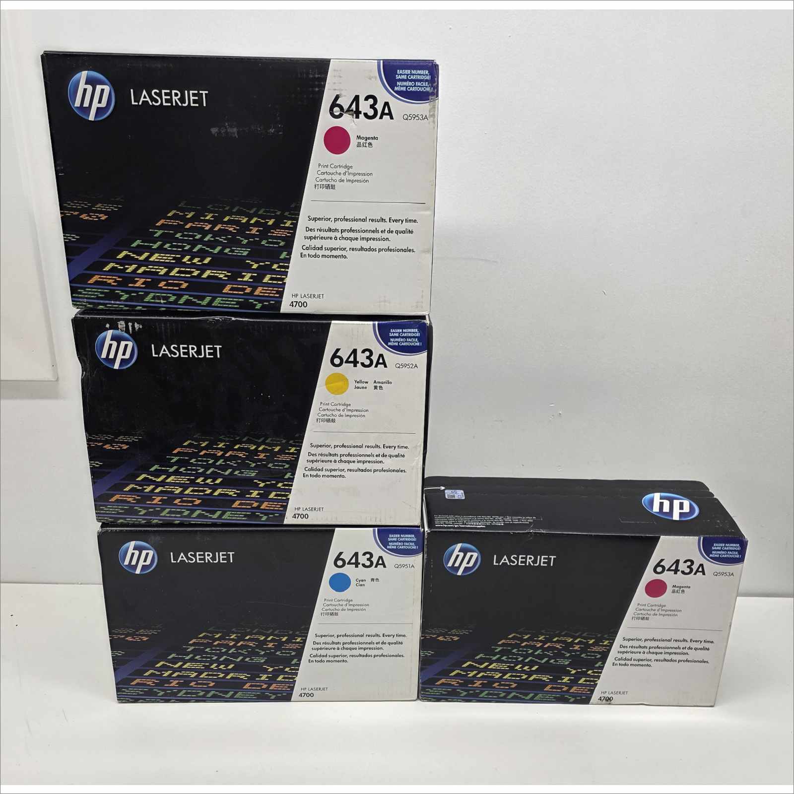 New OEM Lot of 4x HP 643A Color Toners – Yellow Q5952A / 2× Magenta Q5953A / Cyan Q5951A – For HP Color LaserJet 4700 Series – Sealed OEM Packaging