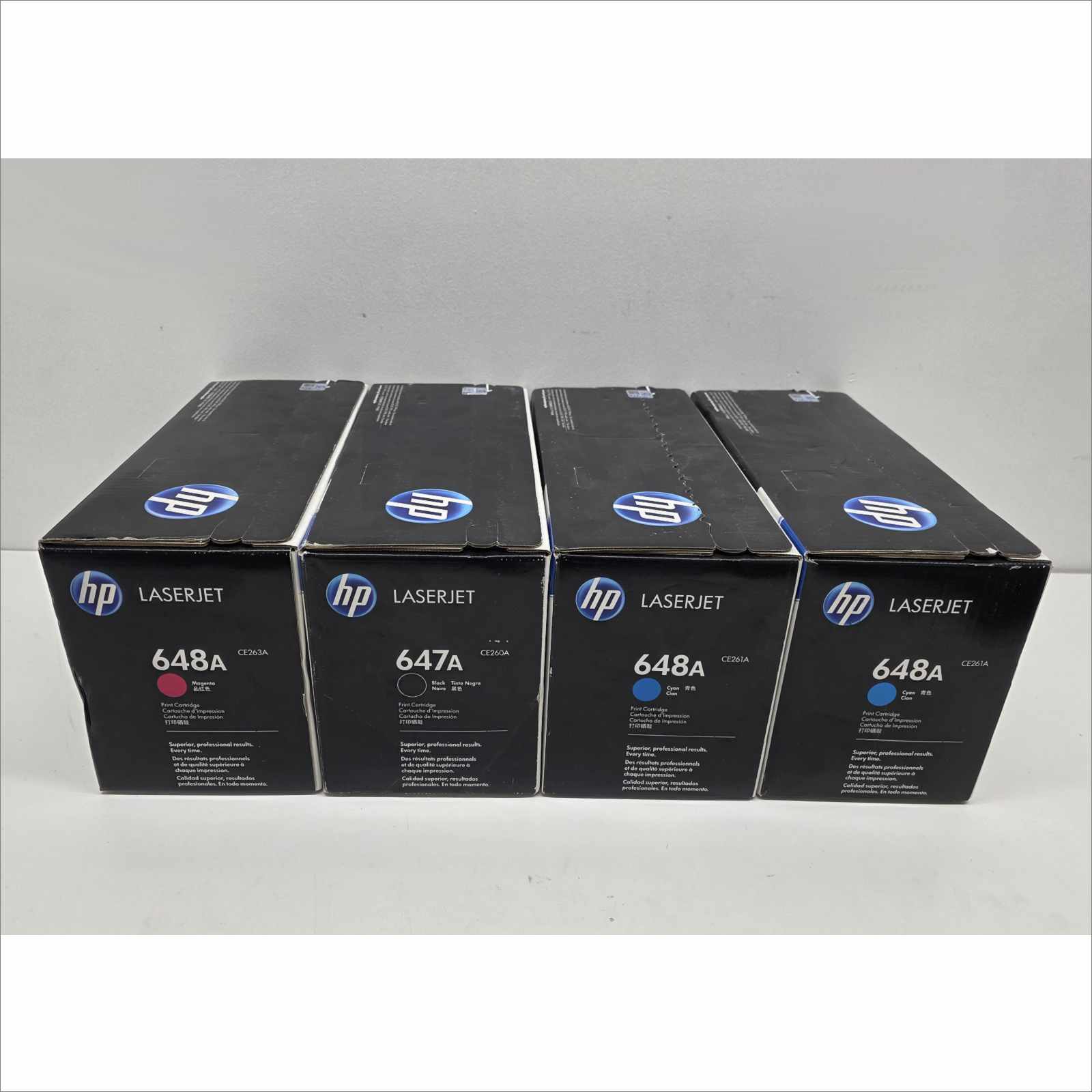 New OEM Lot of 4x HP 647A / 648A Color Toners – Black CE260A / Magenta CE263A / 2× Cyan CE261A – For HP Color LaserJet CP4025 / CP4525 Series – Sealed OEM Packaging