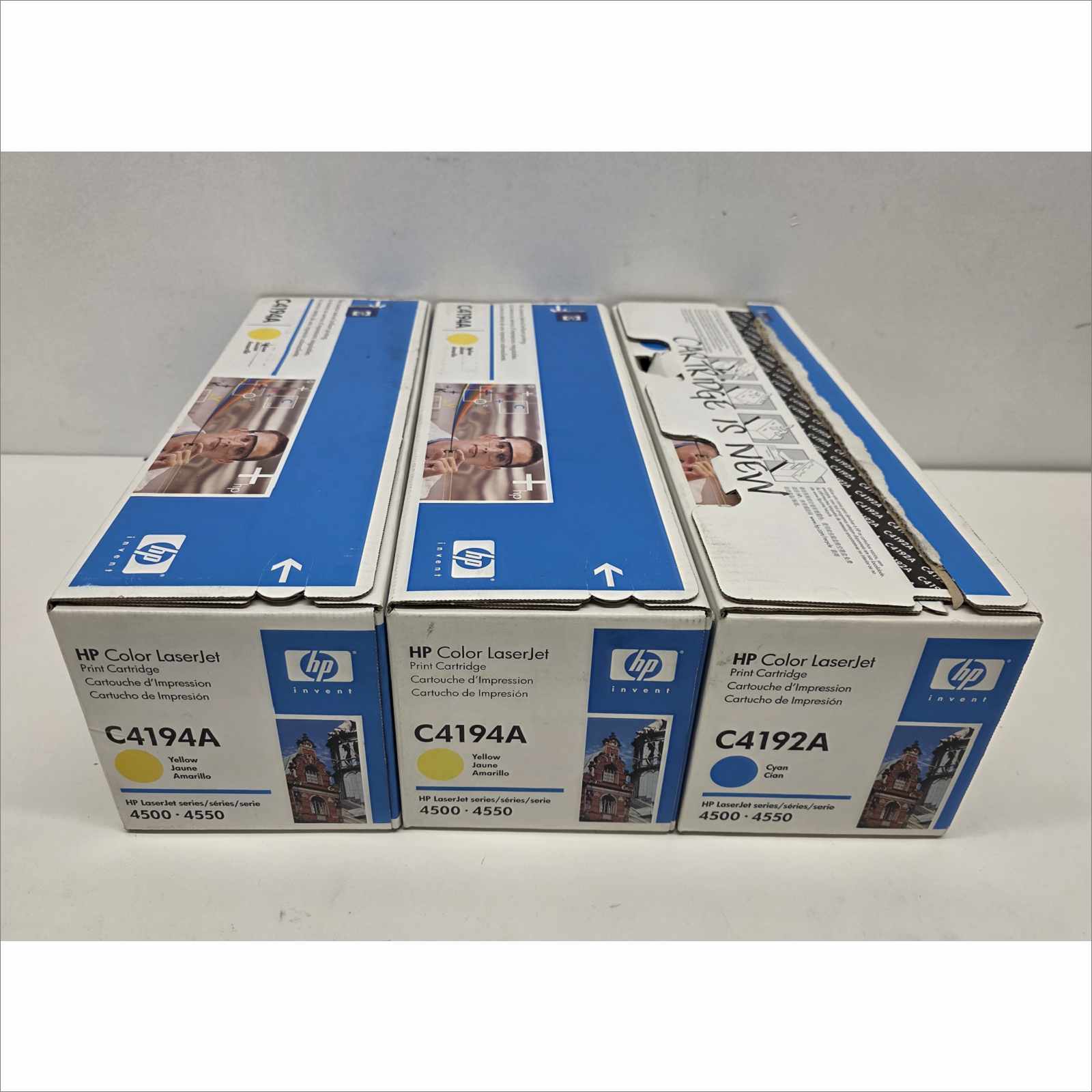 New OEM Lot of 3x HP Color LaserJet Toners – 2× Yellow C4194A / Cyan C4192A – For HP Color LaserJet 4500 / 4550 Series – Sealed OEM Packaging