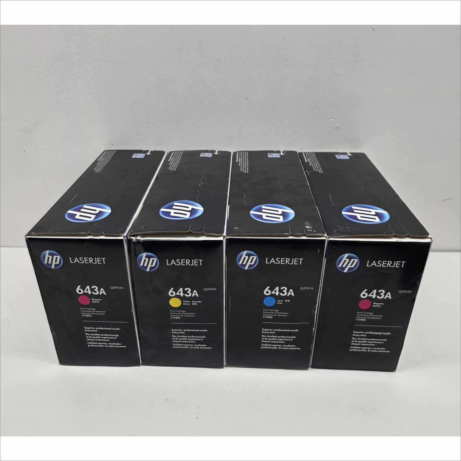 New OEM Lot of 4x HP 643A Color Toners – Yellow Q5952A / 2× Magenta Q5953A / Cyan Q5951A – For HP Color LaserJet 4700 Series – Sealed OEM Packaging