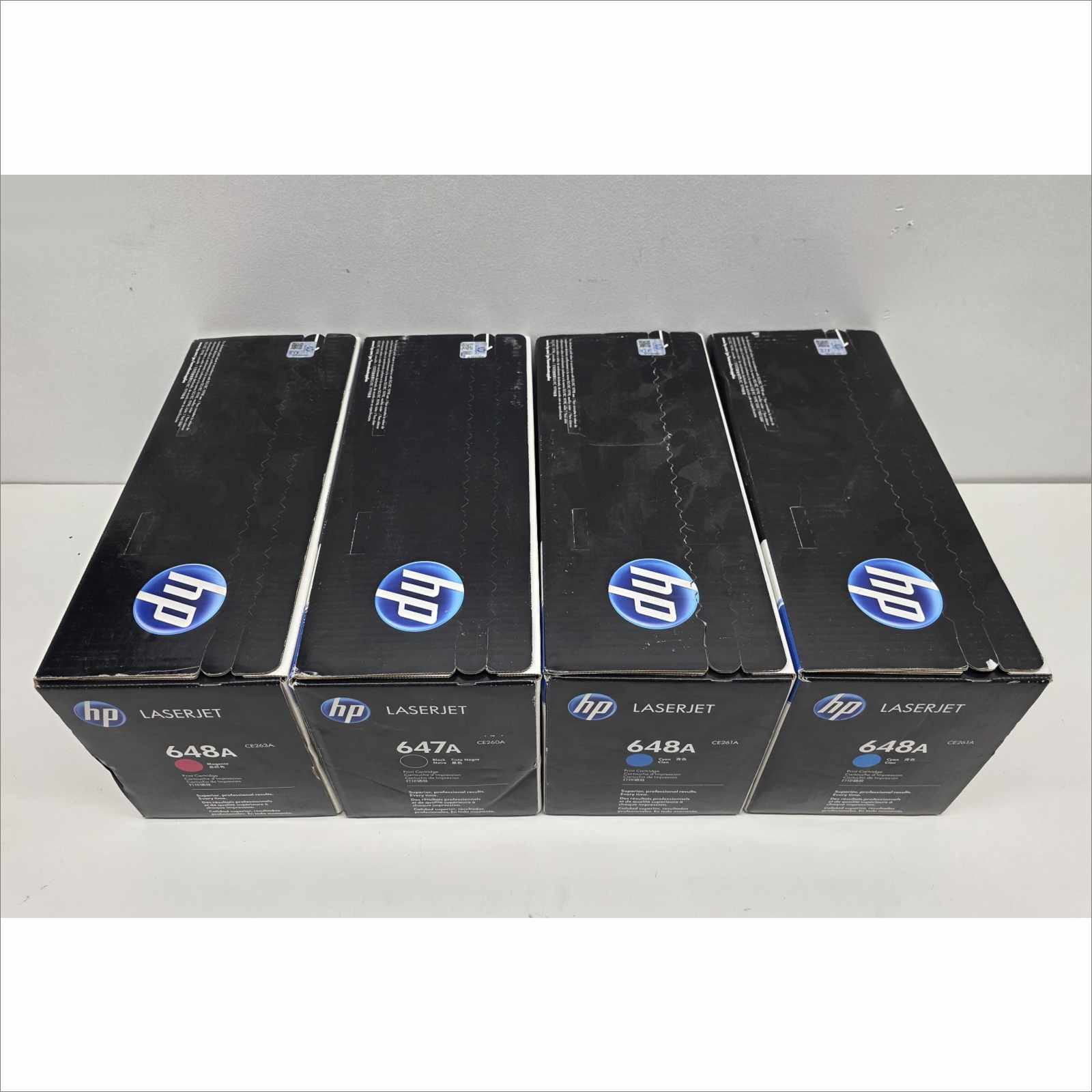 New OEM Lot of 4x HP 647A / 648A Color Toners – Black CE260A / Magenta CE263A / 2× Cyan CE261A – For HP Color LaserJet CP4025 / CP4525 Series – Sealed OEM Packaging